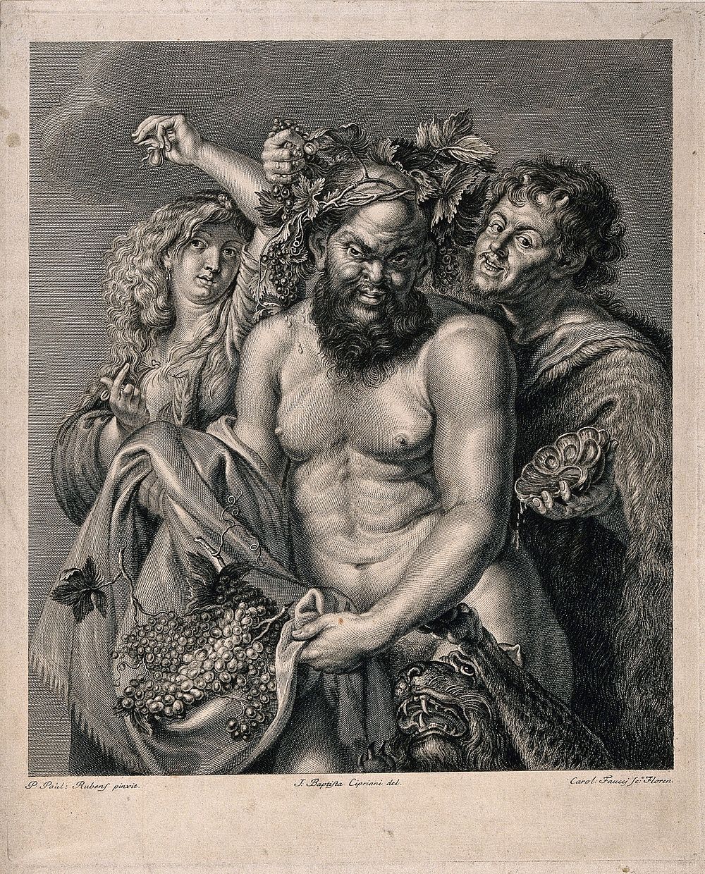 Silenus, holding grapes and crowned with vines, flanked by a maenad and a faun. Engraving by C. Faucci, c. 1768, after G. B.…