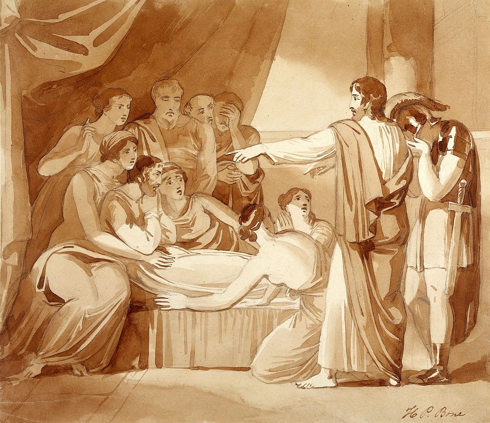 King Ahaziah lies sick after having fallen through an upper window: Elijah foretells his death. Drawing by H.P. Bone.