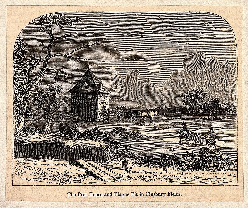 The pest house and plague pit, Moorfields, London. Wood engraving.