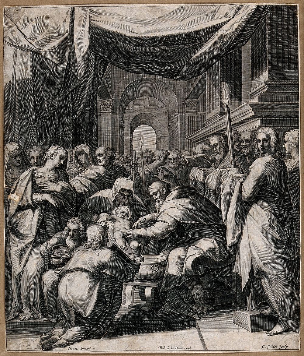 Christ is circumcised in a crowded church. Engraving by A. Sadeler after J. Speckaert.