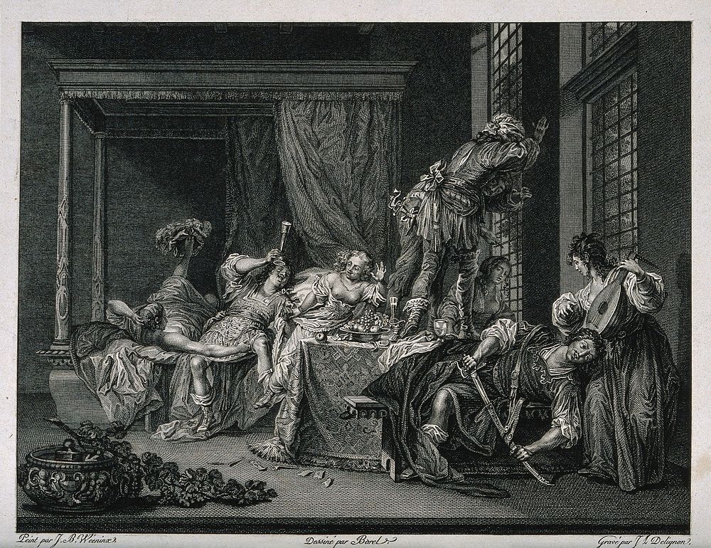 Men and women carousing in a stately bedroom, with accompanying text on the artist. Engraving by J. L. Delignon, late 18th…