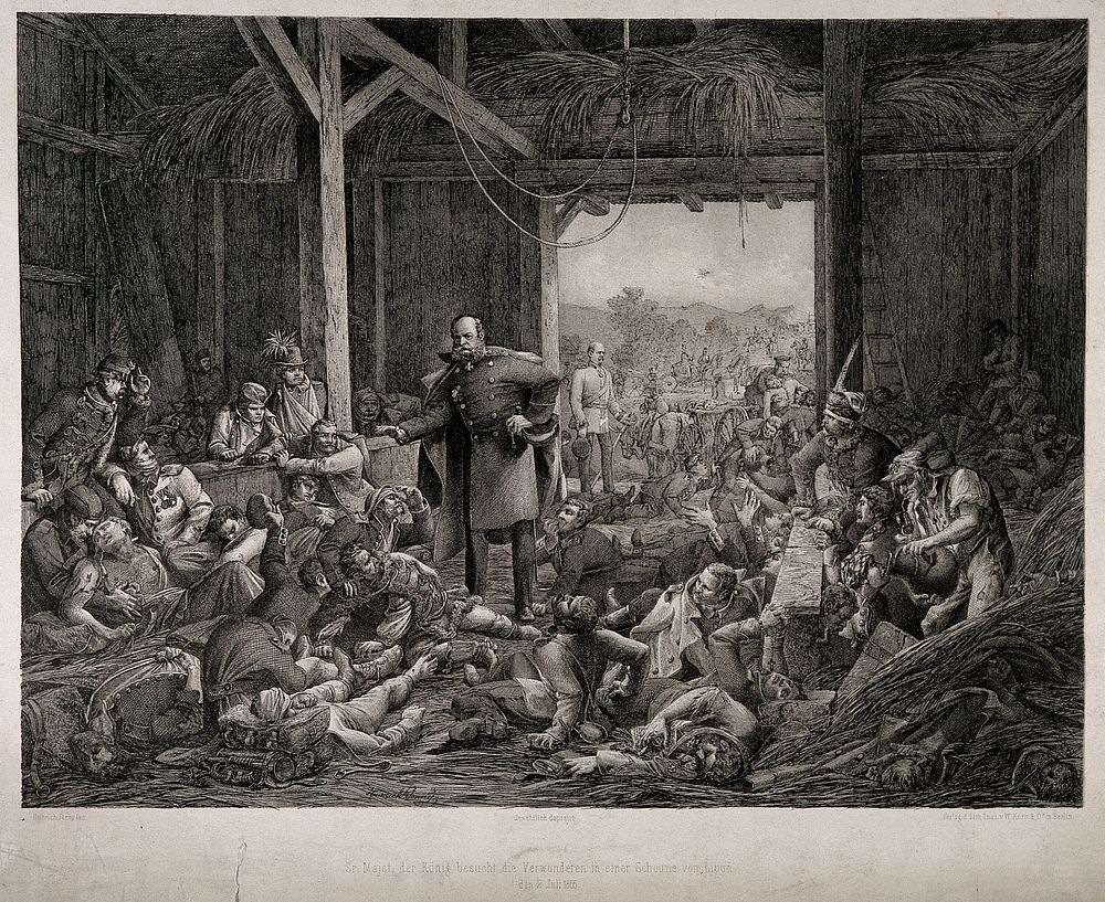 Austro-Prussian War: the Prussian King William I visiting wounded soldiers lying in a barn. Lithograph after H. Jenny, ca.…