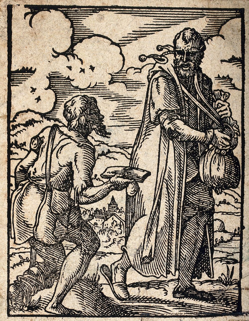 A miser and usurer holding a money-bag is accosted by a poor man on crutches. Woodcut by J. Amman, c. 1568.