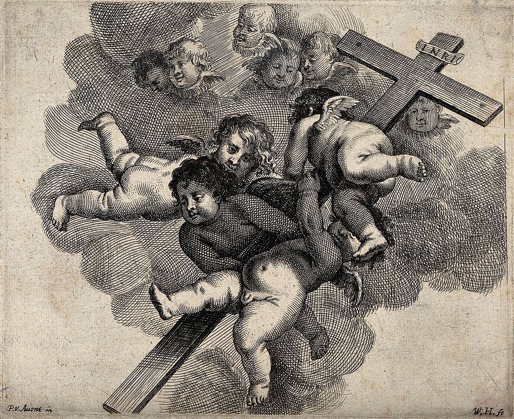 Angels presenting the Cross. Engraving by W.H. after P. van Avont.