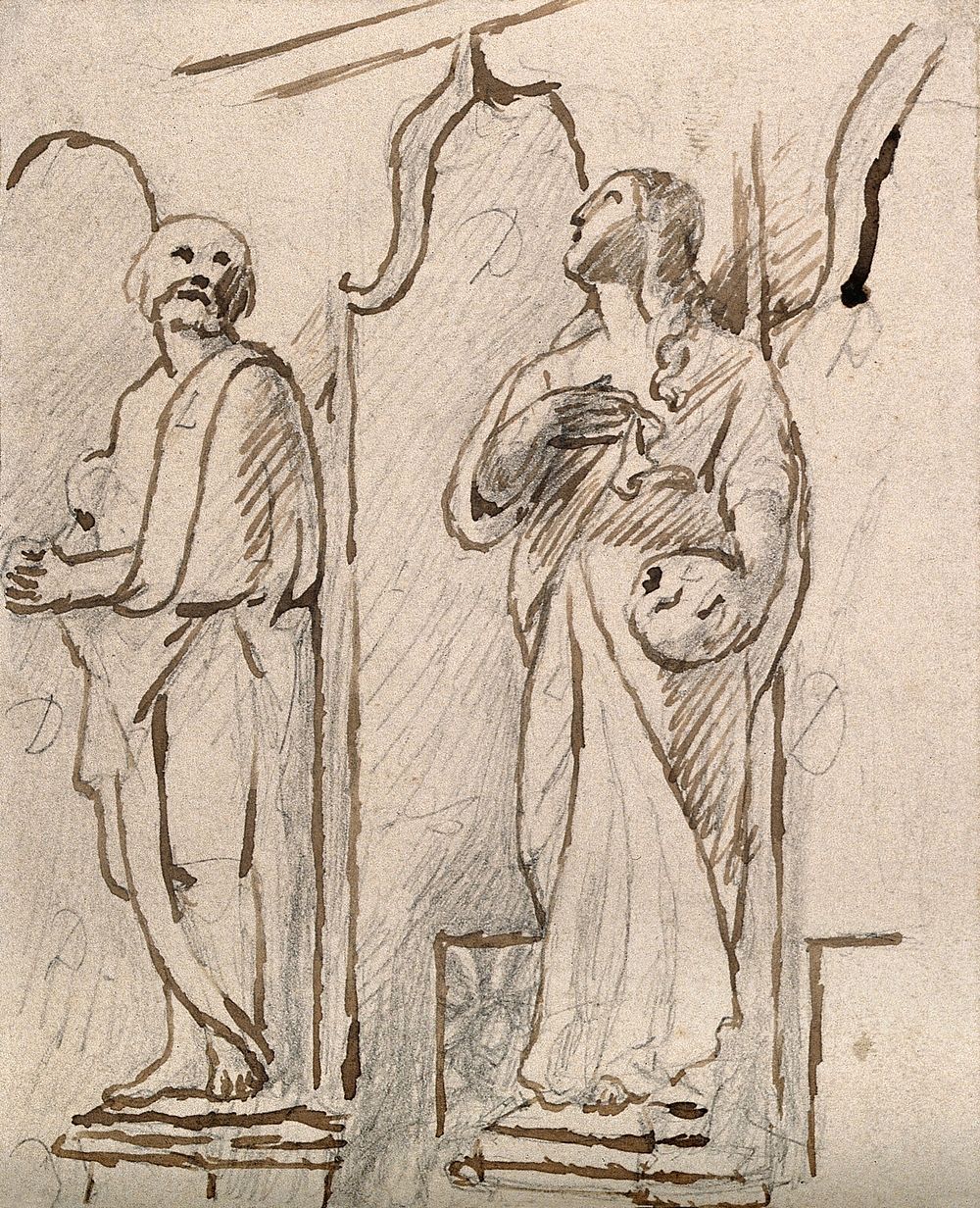 Statues of an apostle and Christ . Drawing, c. 1793.