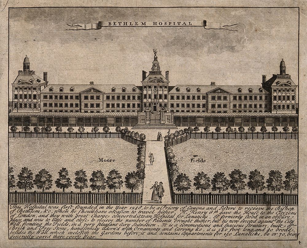 The Hospital of Bethlem [Bedlam] at Moorfields, London: seen from the north, with ladies and gentlemen walking in the…