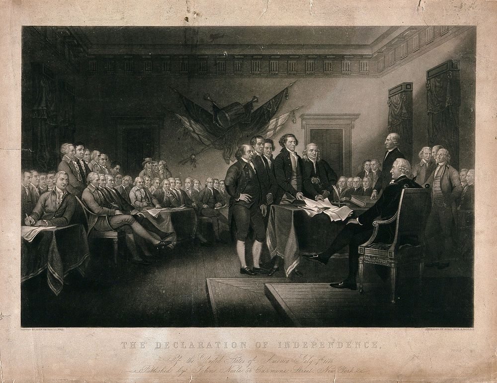The Declaration of Independence, Philadelphia, July 4, 1776. Mezzotint by H.S. Sadd after J. Trumbull.