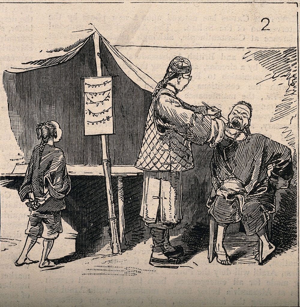 A street tooth-drawer on his stall extracting a tooth from a patient. Wood engraving after C. Fripp .