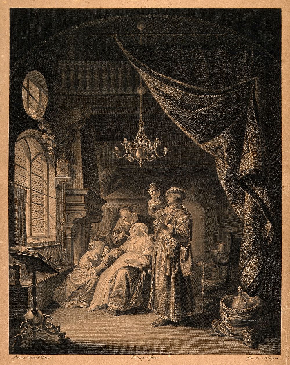 A physician gazing in amazement at a urine sample of an elderly female patient who is seated near him in a richly furnished…