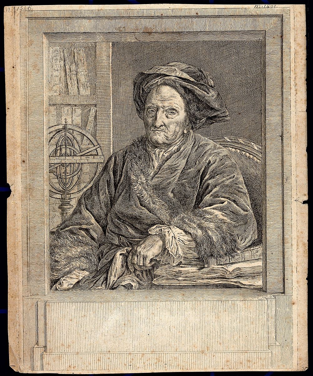 A man wearing a cloak edged with fur is sitting at a table with a small book and some coins, he is surrounded by antique…