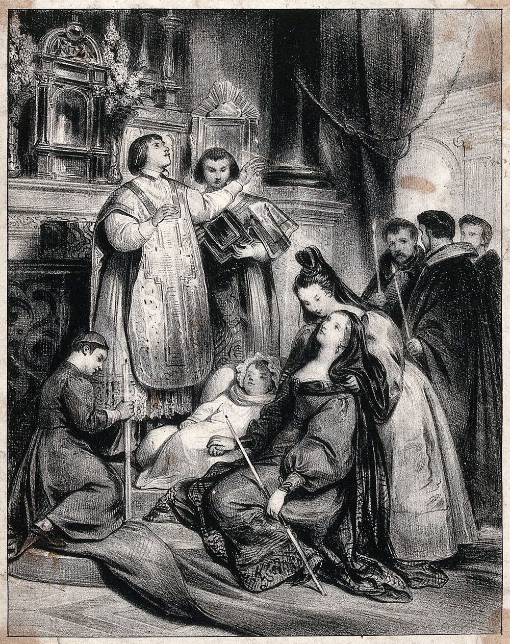 A priest pronouncing a benediction on a dead child. Lithograph, 18--.