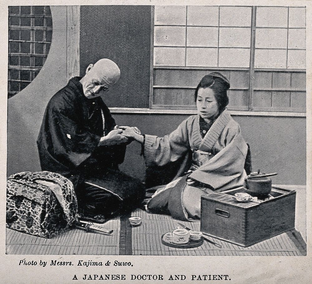 A Japanese doctor taking the pulse of a patient. Halftone after a photograph by Messrs. Kajima & Suwo.