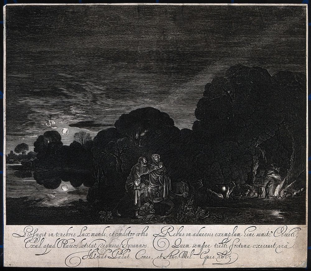 The flight into Egypt in the night, illuminated by the moon and the milky way. Engraving by H. Goudt, 1613, after A.…
