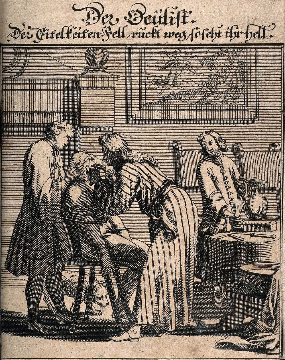 An ophthalmic surgeon operates on the eye of a patient who is strapped to a chair. Line engraving.