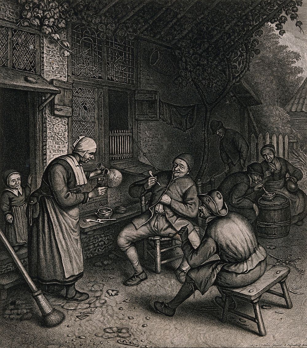 Peasants sitting, smoking, outside an inn as the hostess pours a glass of ale. Engraving by J. Suyderhoff after A. van…