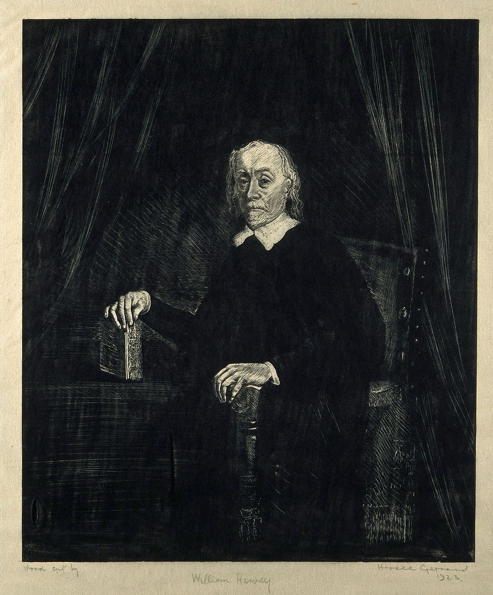 William Harvey. Woodcut by H. Gerrard, 1923.