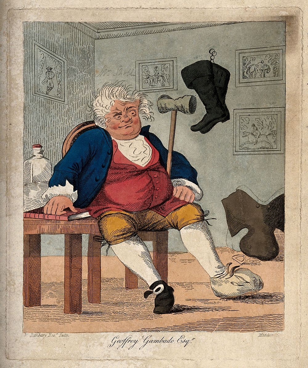 A gouty man surrounded by horse-riding accoutrements. Coloured engraving by Maddox after H.W. Bunbury.