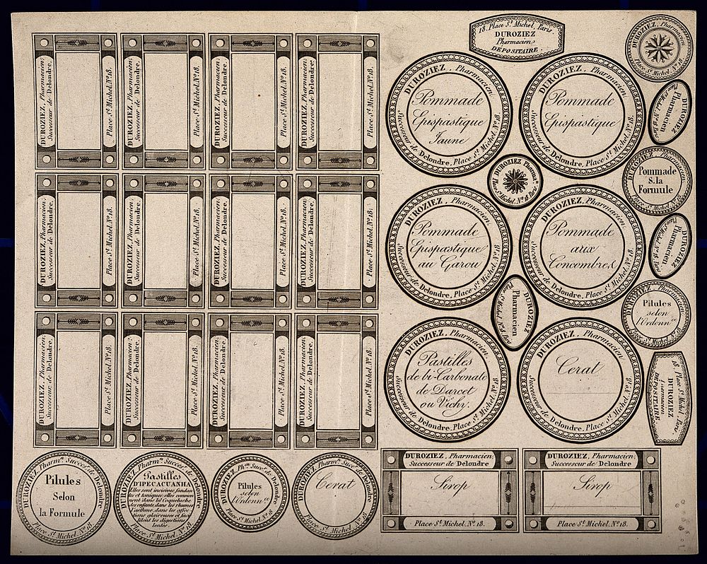 Product labels for the pharmacist Duroziez of Paris. Line engraving.