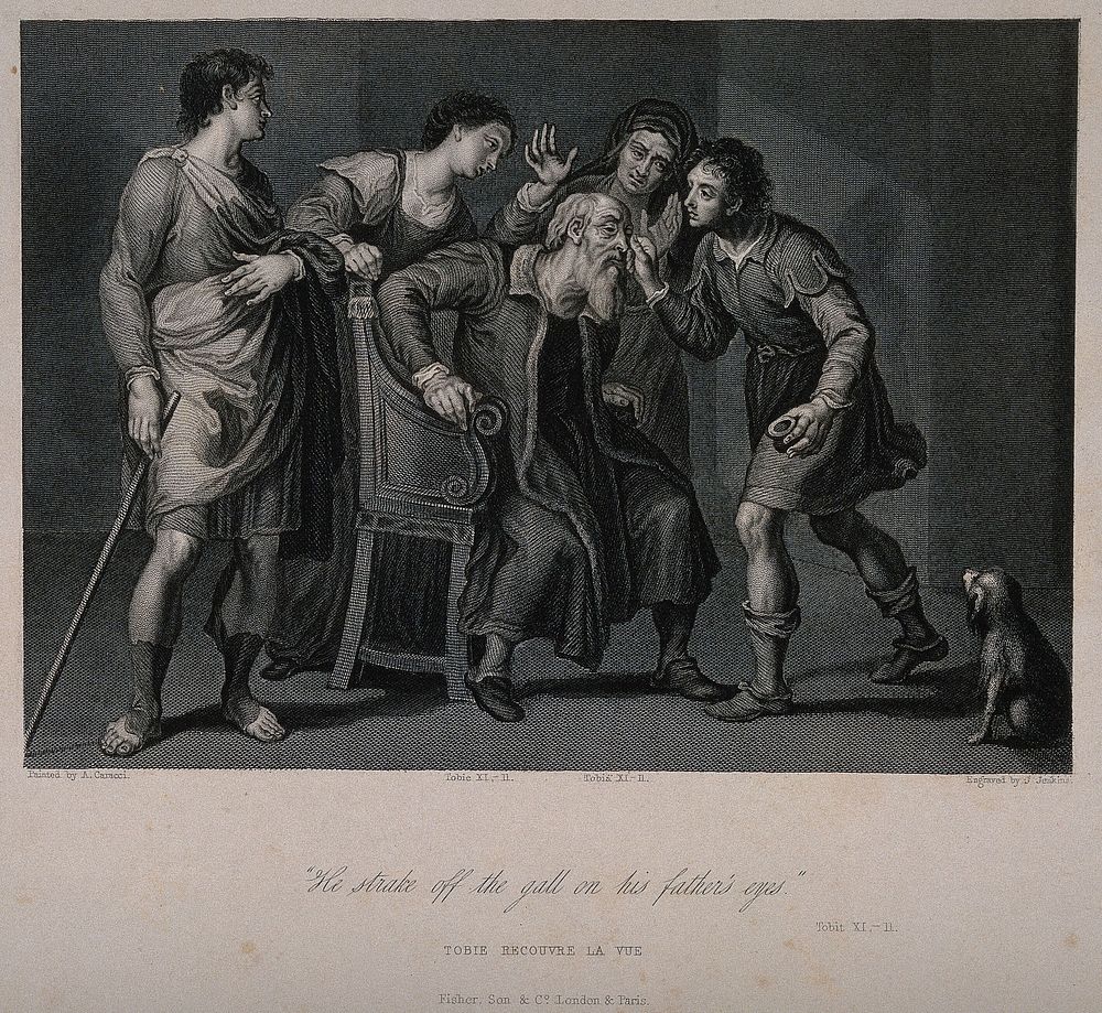 Tobias curing his father's (Tobit) eyesight three others and a dog look on. Line engraving by J. Jenkins after A. Carracci.