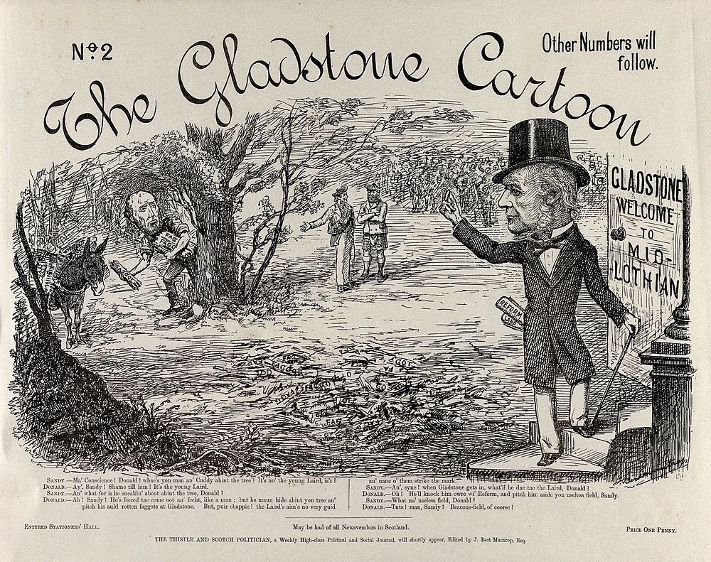 The Midlothian campaign of 1879-1880: William Gladstone is saluting a crowd; his opponent the Earl of Dalkeith is hiding…
