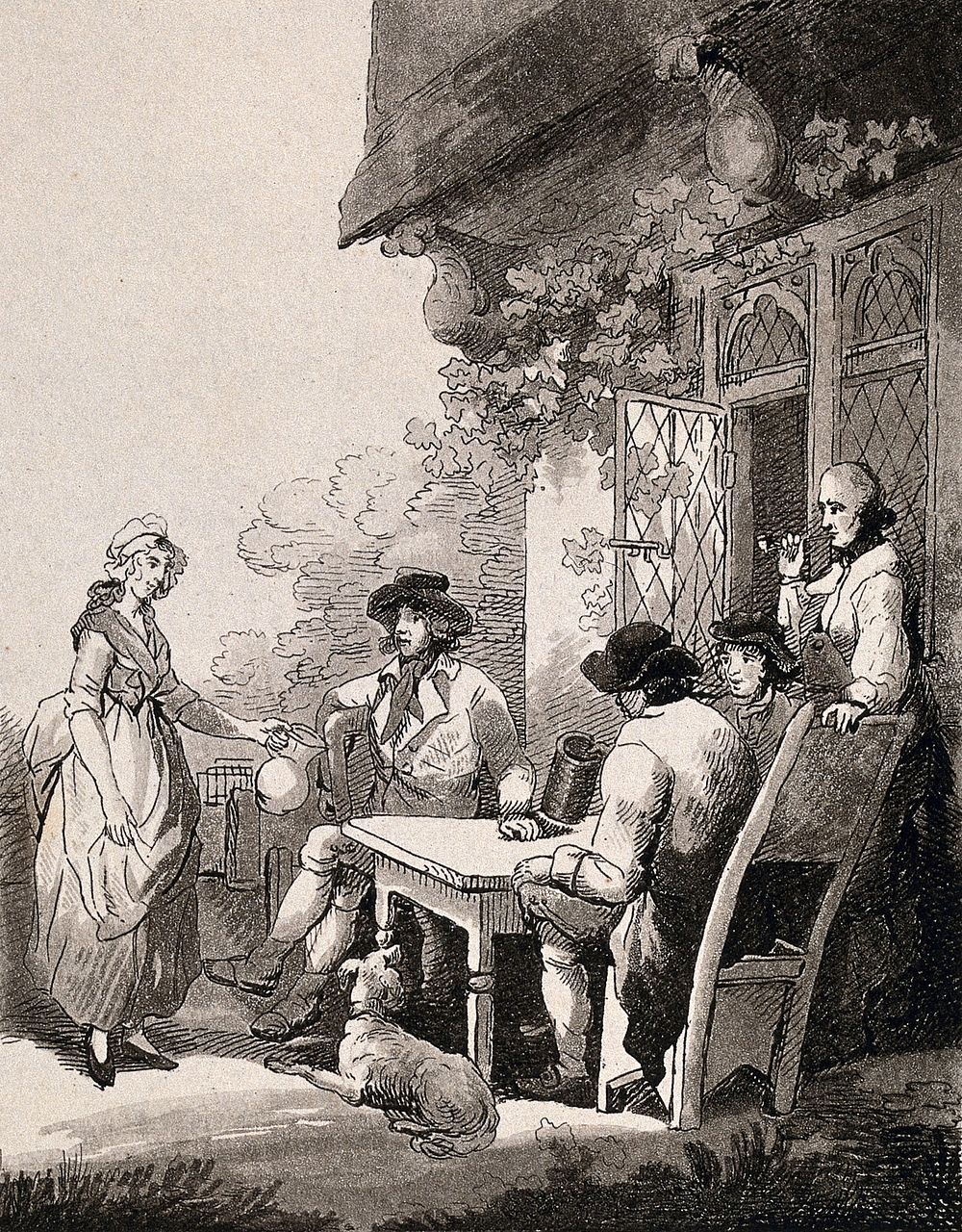 People sitting around a table outside a building, and a woman bringing them a pitcher of beer. Etching and aquatint.