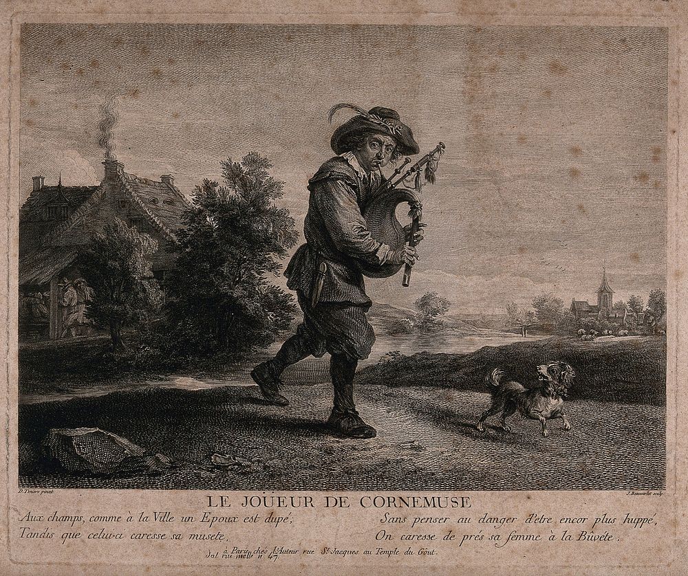 A man is carrying a set of bagpipes as he leaves a village with a dog running at his feet. Engraving by J. Beauverlet after…