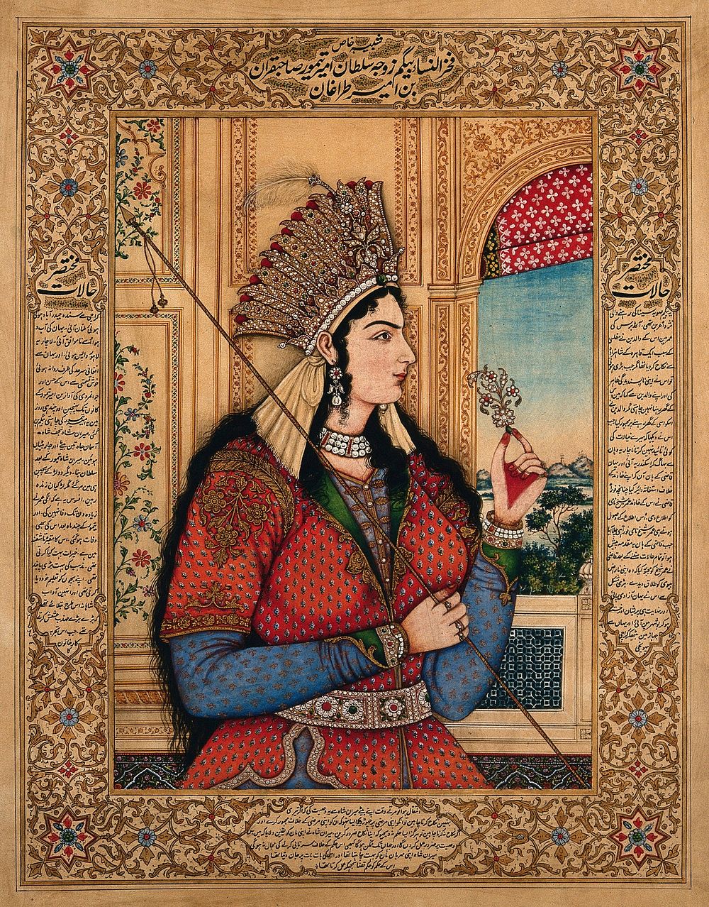 A Mughal empress or member of a royal family holding a spear and turban ornament. Gouache painting by an Indian painter.