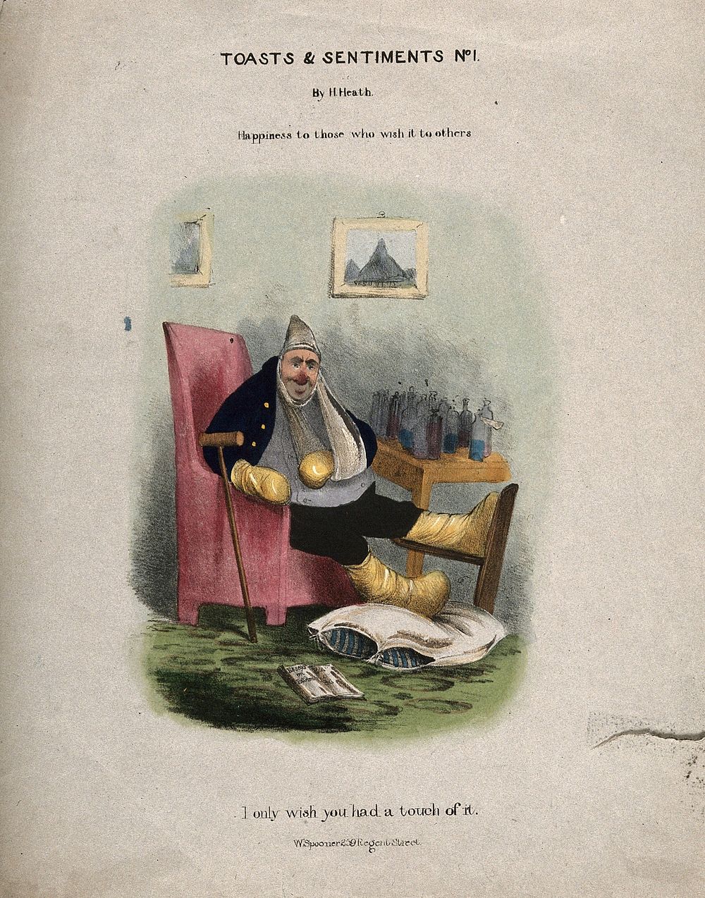 A disgruntled gouty man with all limbs bandaged, a table covered in medicine bottles is next to him. Coloured lithograph by…