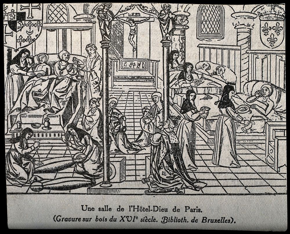 The Hôtel Dieu, Paris: interior showing patients being nursed by monks and nuns. Woodcut.