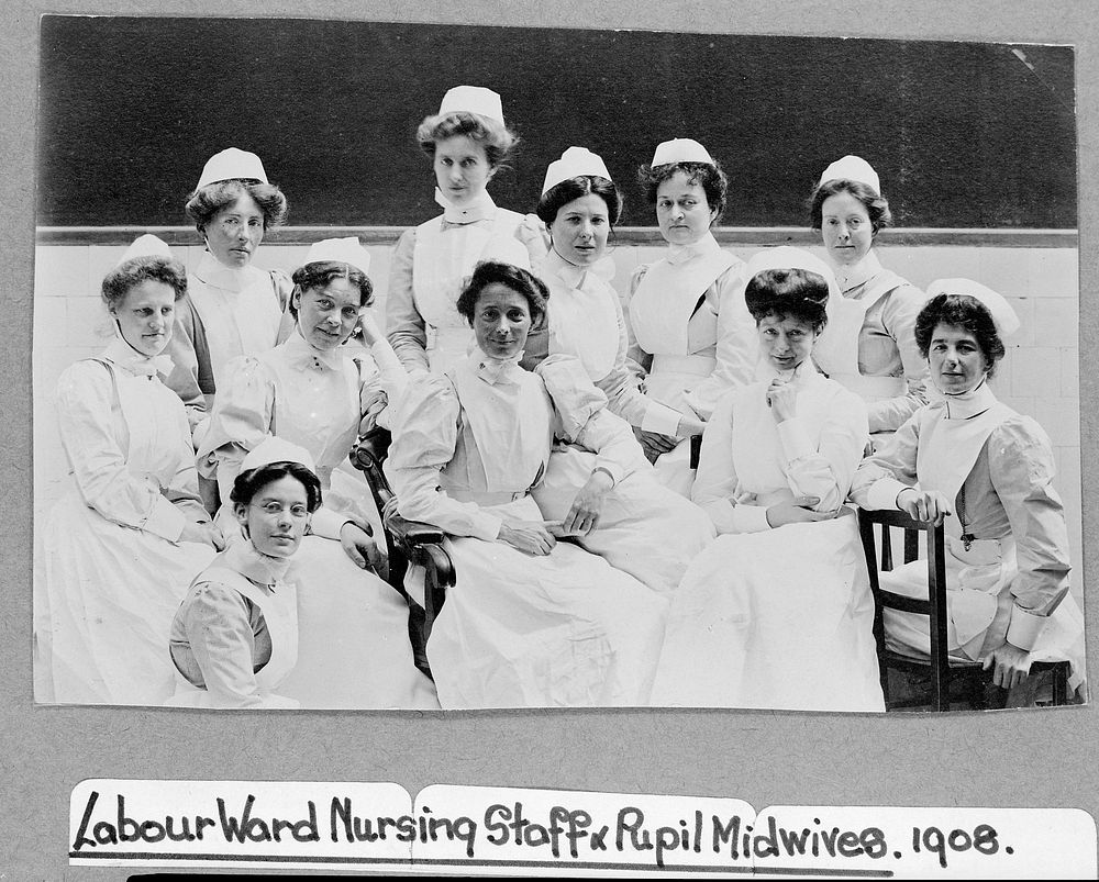 General Lying In Hospital, York Road, Lambeth: labour ward staff and students. Photograph, 1908.