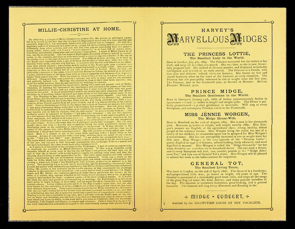 [Folded handbill on yellow paper advertising Millie Christine, the Two-Headed Nightingale, and Harvey's Midges (smallest…