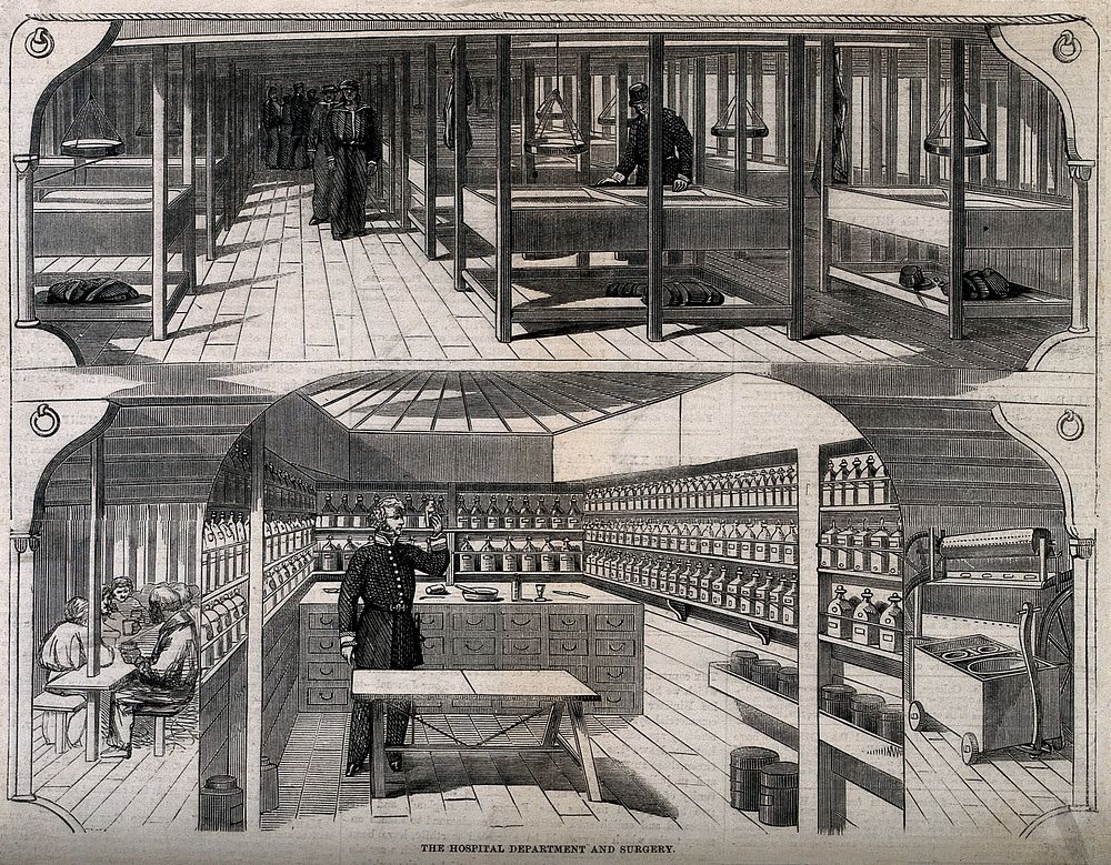 The medical quarters of the Melbourne, a ship of the Line: a ward deck, above, and an operating theatre, below. Wood…