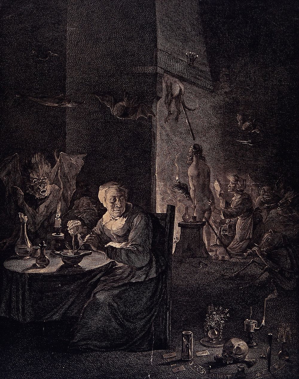 Preparation for the witches' sabbath. Engraving by J. Aliamet after D. Teniers the younger, 1755.