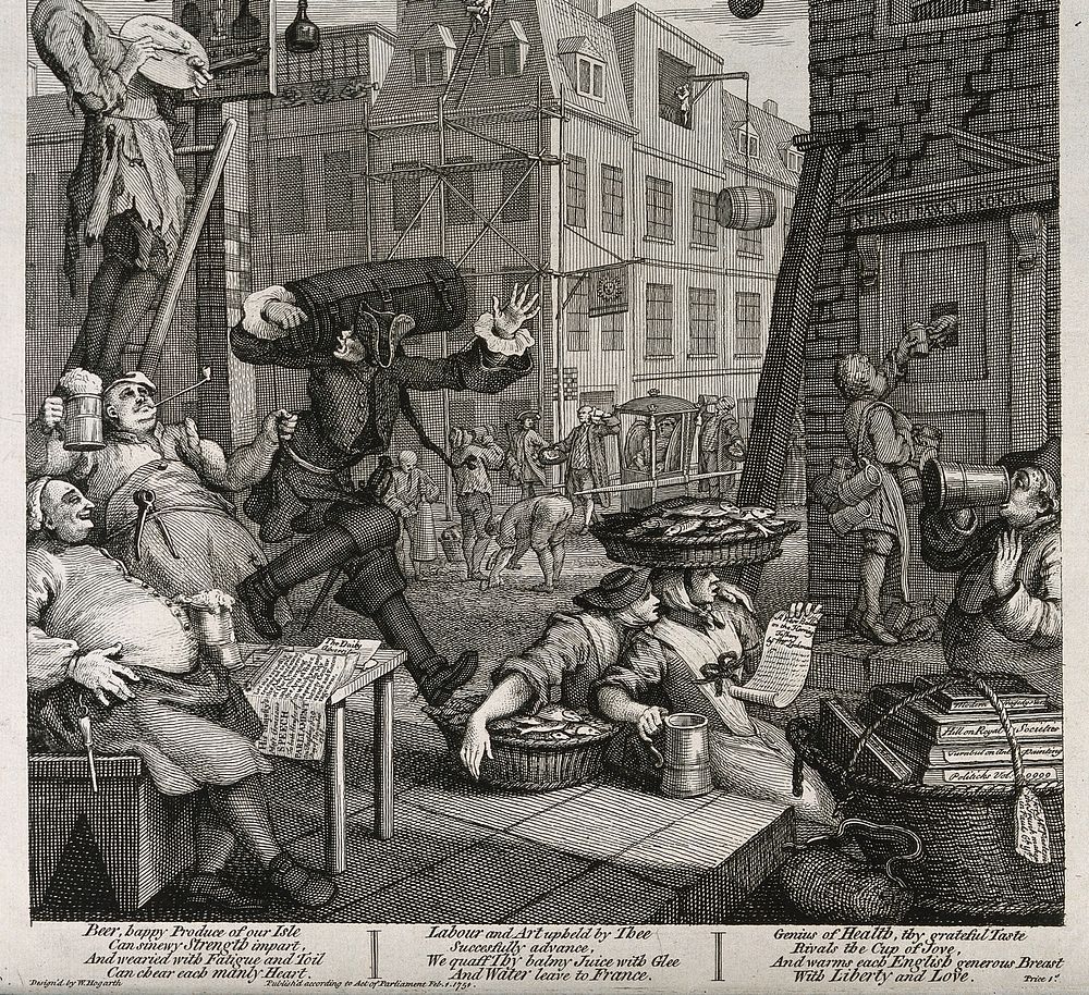 A busy street corner with traders stopping for a tankard of beer and an artist painting a pub sign. Engraving, c. 1751…