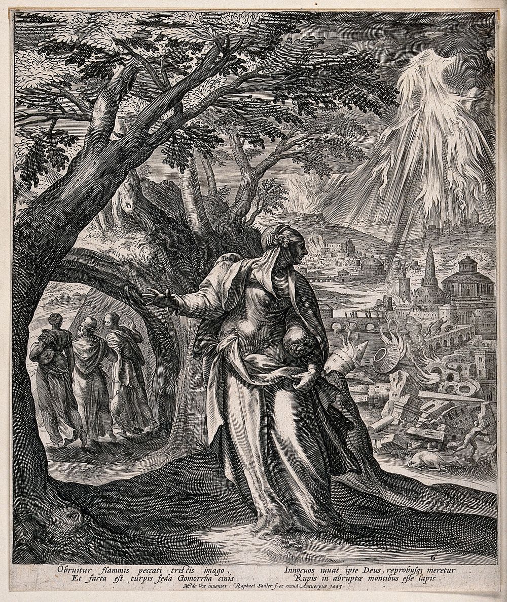 Lot's wife looks back at the flames pouring from Heaven upon Sodom; Lot and his daughters go on ahead. Engraving by R.…