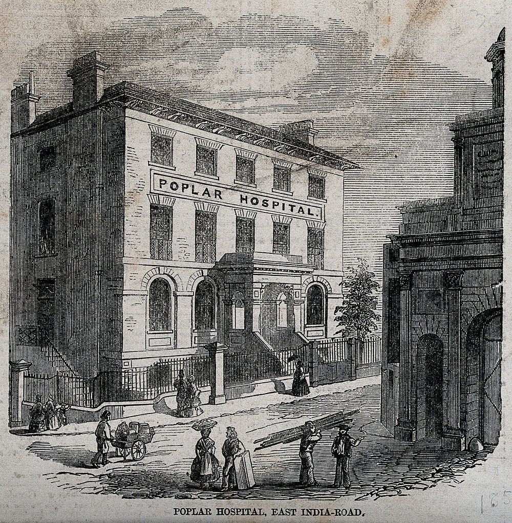Poplar Hospital for Accidents, East India Dock Road, Blackwall, London: three-quarter view. Wood engraving, 1858.