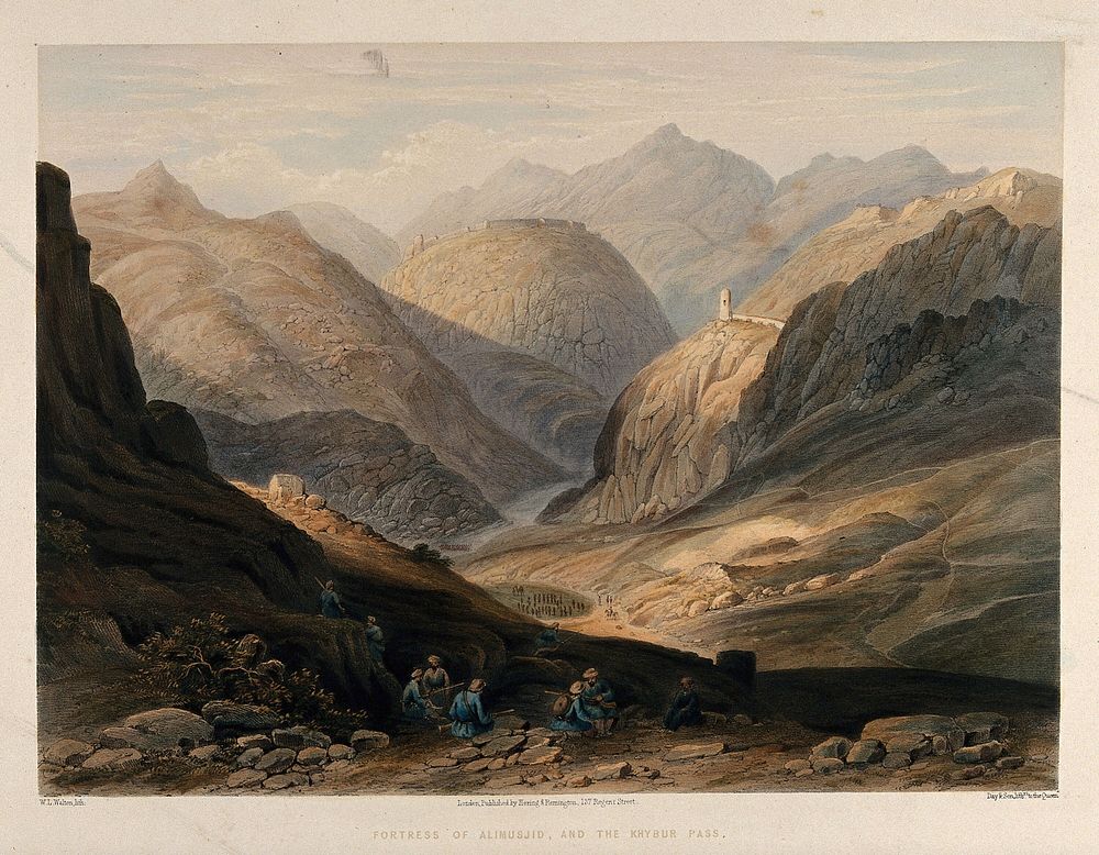 The Khyber Pass with the fortress of Alimusjid, Pakistan. Chromolithograph by W.L. Walton after Lieutenant James Rattray, c.…