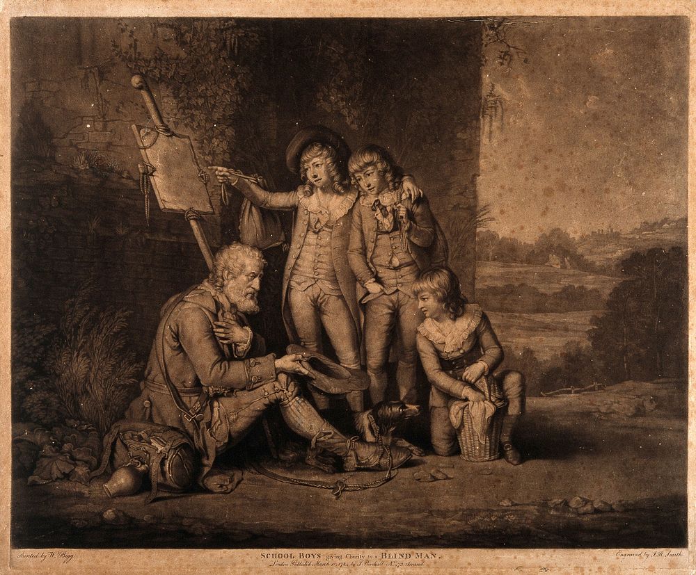 Three schoolboys giving charity to a blind beggar. Mezzotint by J.R. Smith, 1784, after W.R. Bigg.