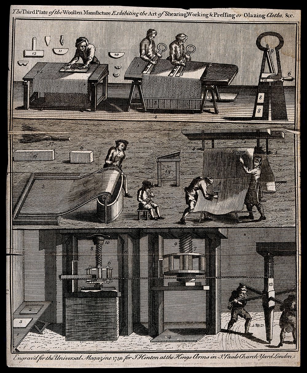 Textiles: three stages in the production of woollen cloth, cutting the nap (top), washing [or sizeing ] (centre), and…