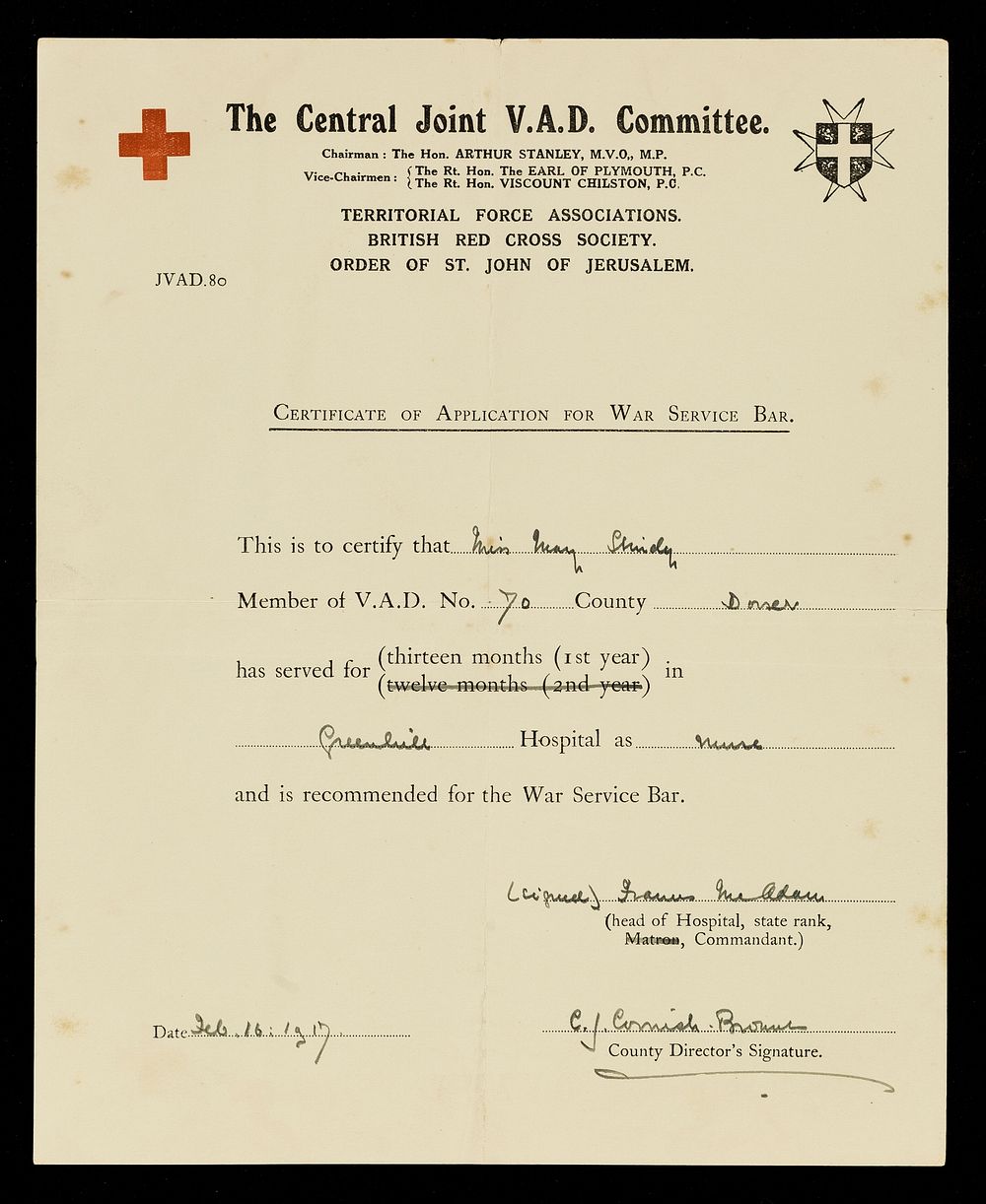 Certificate of application for war service bar / Joint Women's V.A.D. Dept.