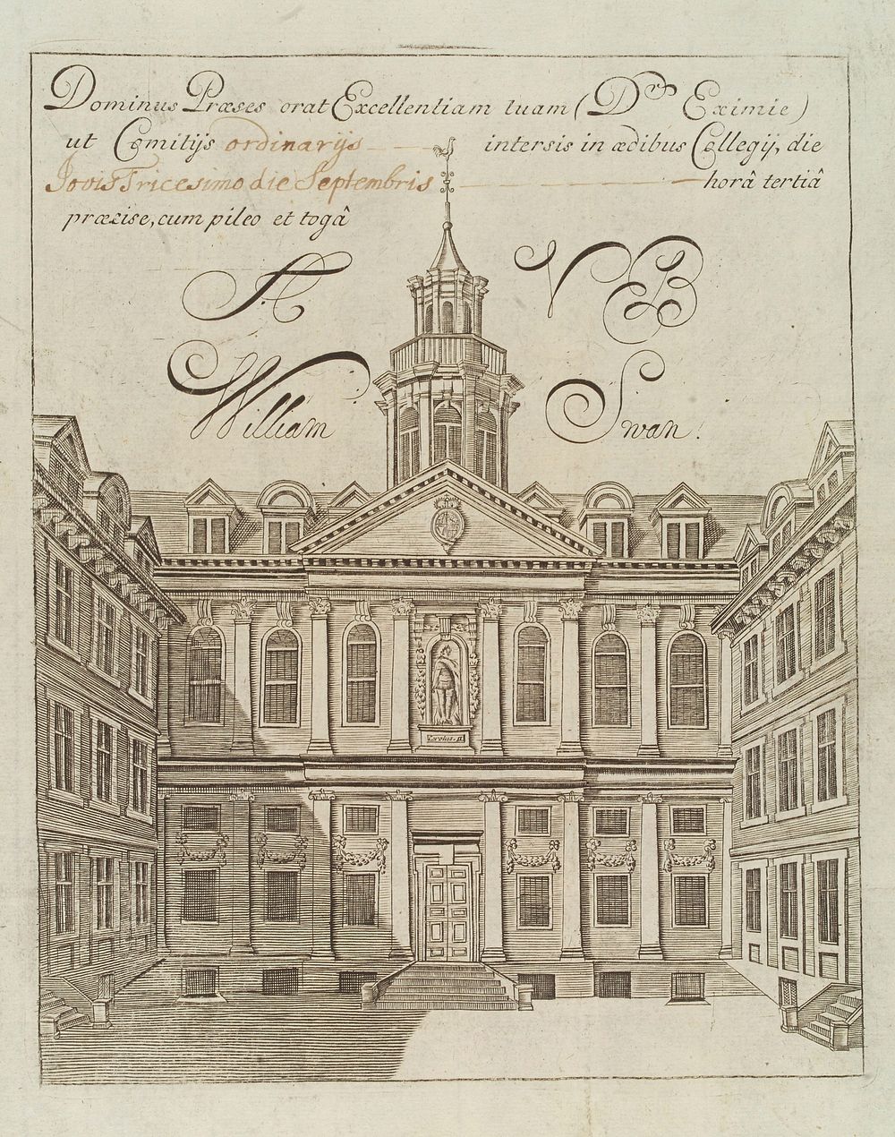 Royal College of Physicians, Warwick Lane, London: the courtyard. Engraving, 1668/1697.