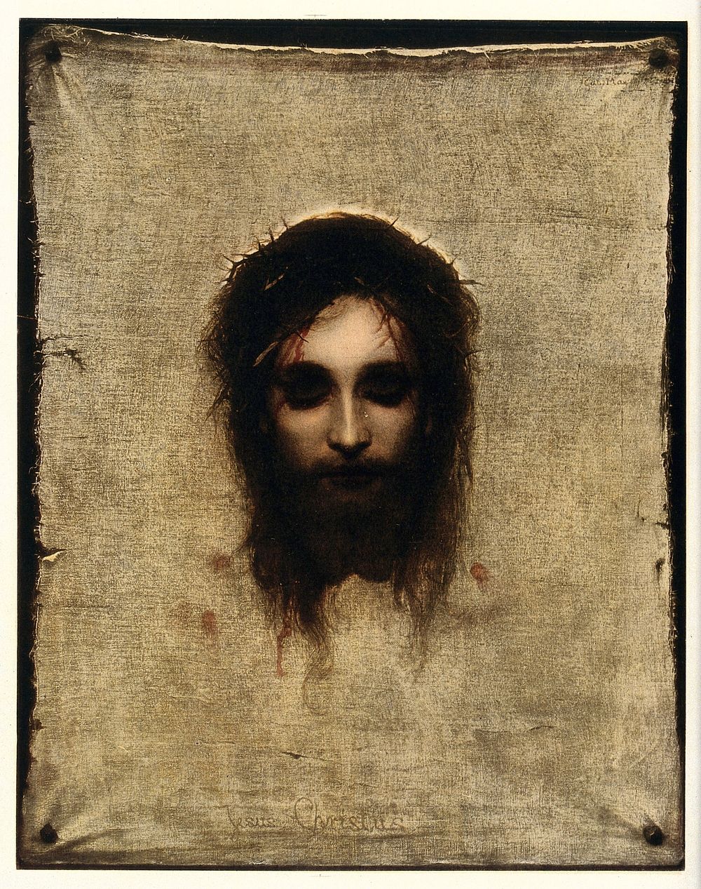 The veronica (sudarium of Saint Veronica), representing the face of Christ. Colour collotype after Gabriel Max.