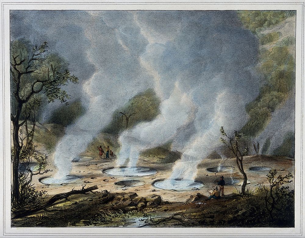 Hot mud wells in the crater of the volcano Papandayan, Java. Coloured lithograph by W.J. Gordon after P. van Oort, 1833.