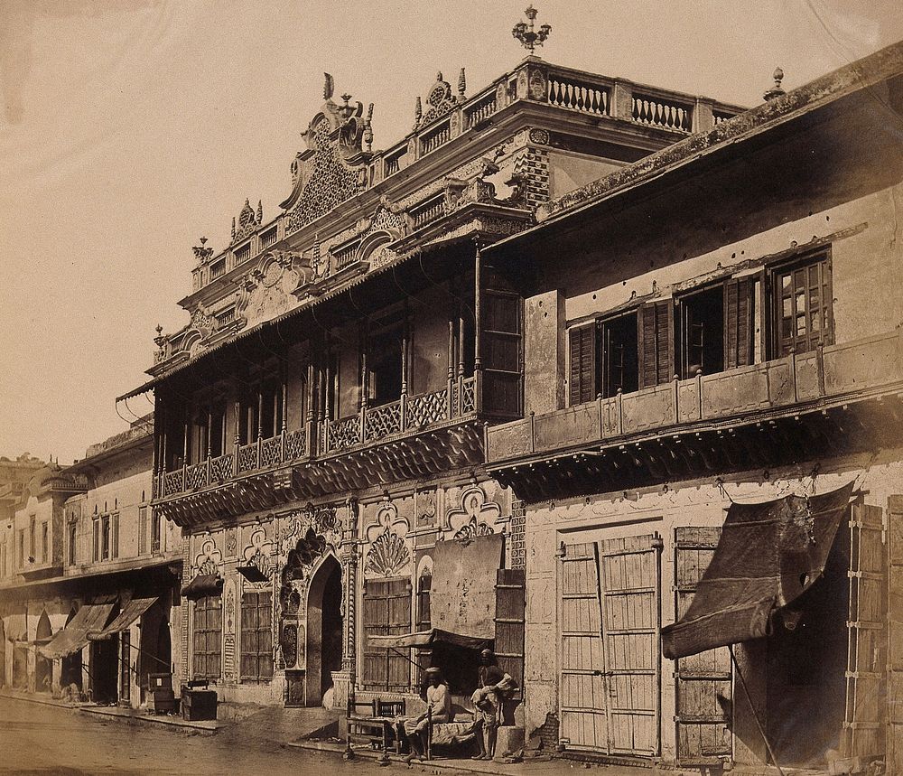 India: an ornate town house in 'Chandnee Chowk'. Photograph by F. Beato, c. 1858.