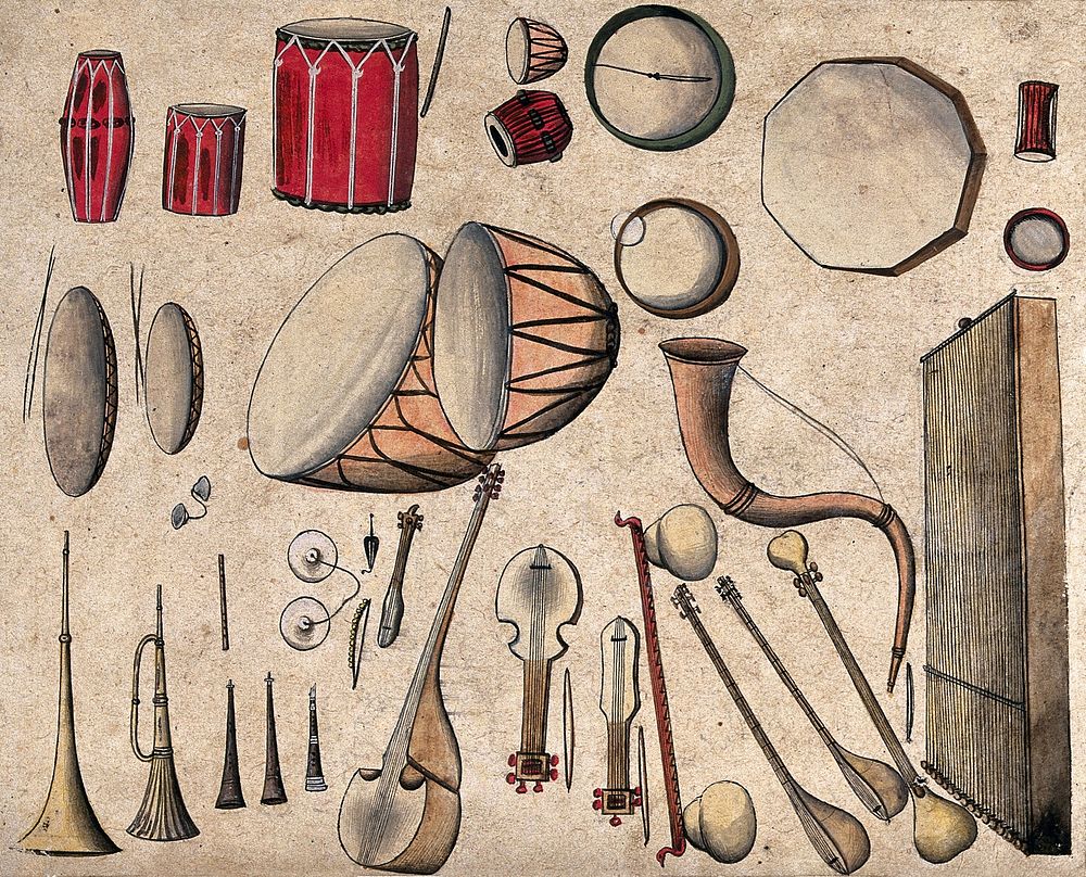 Indian musical instruments. Gouache painting by an Indian artist.