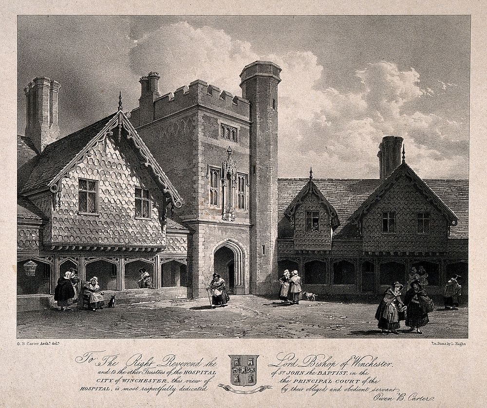 Hospital of St. John the Baptist, Winchester, Hampshire: women in the courtyard. Lithograph after O.B. Carter after himself.