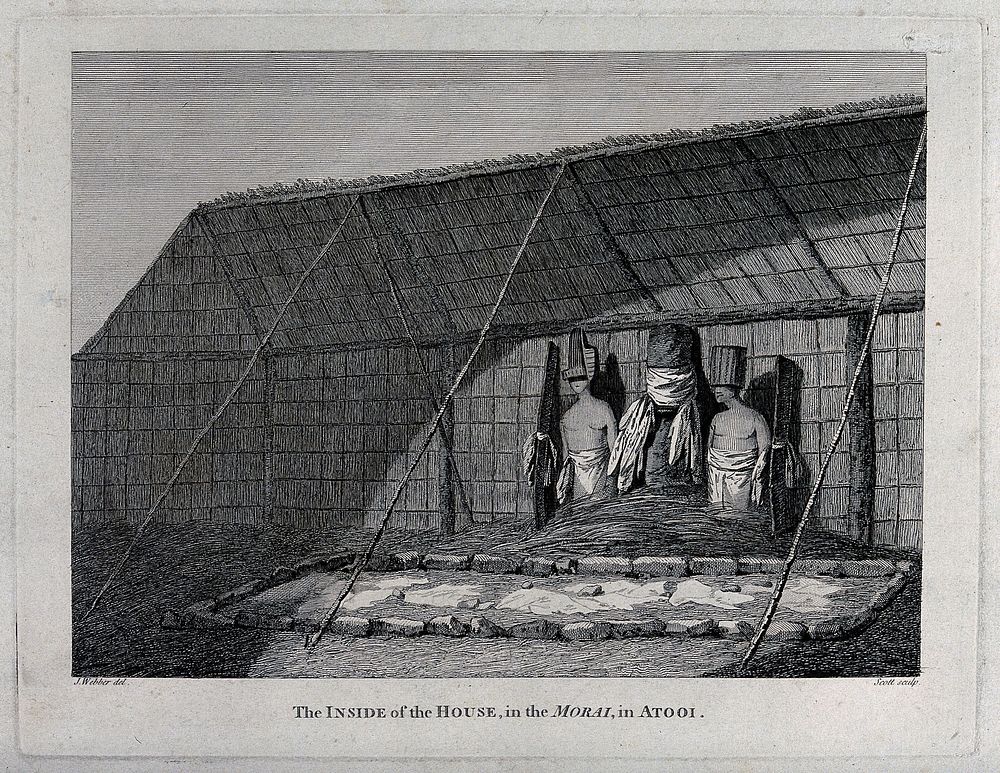 The inside of a hut in a morai, place of burial and worship, in Atooi (Kauai); encountered by Captain Cook on his third…