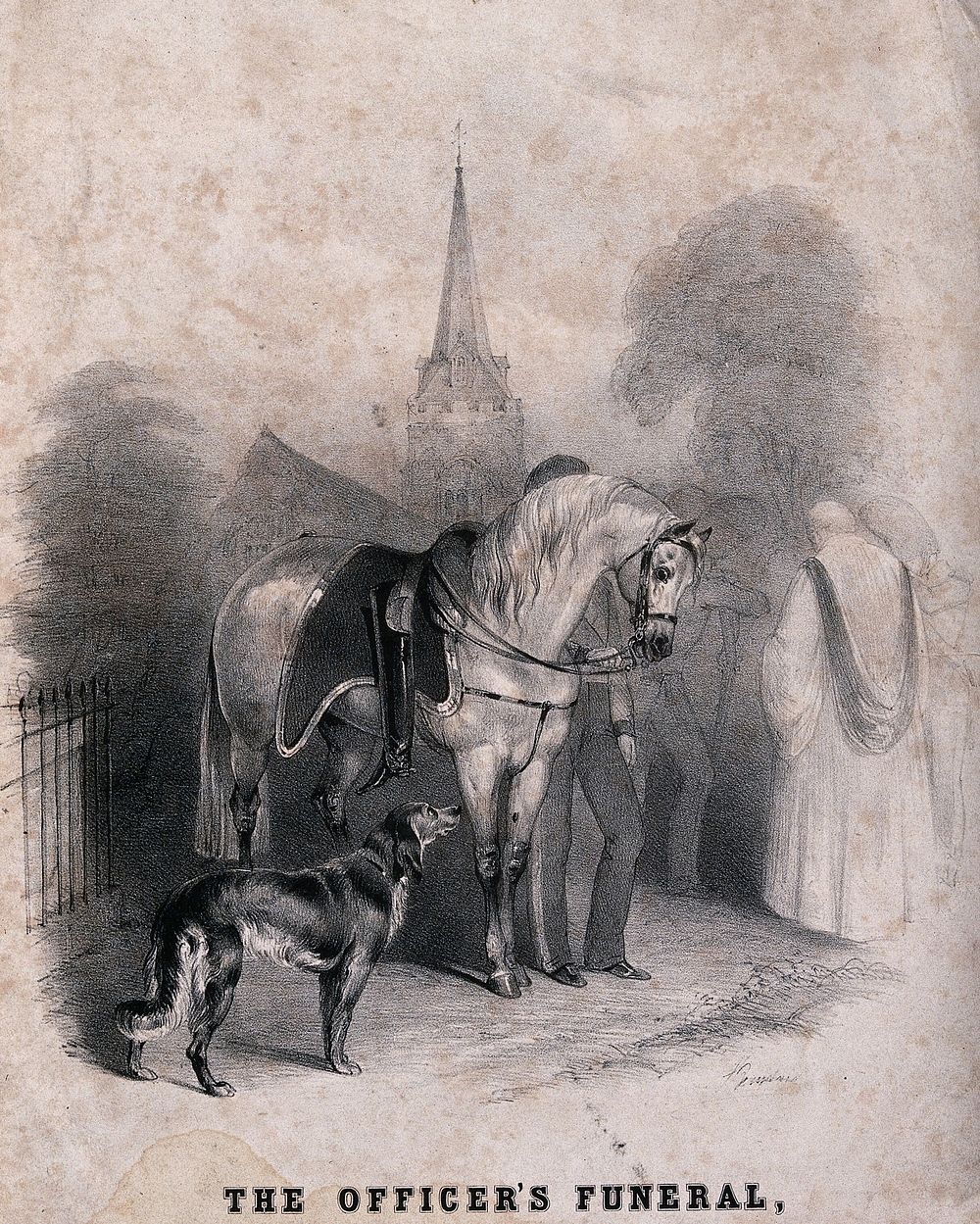 A dog and a horse attending the funeral of their master, an officer in the army. Lithograph.