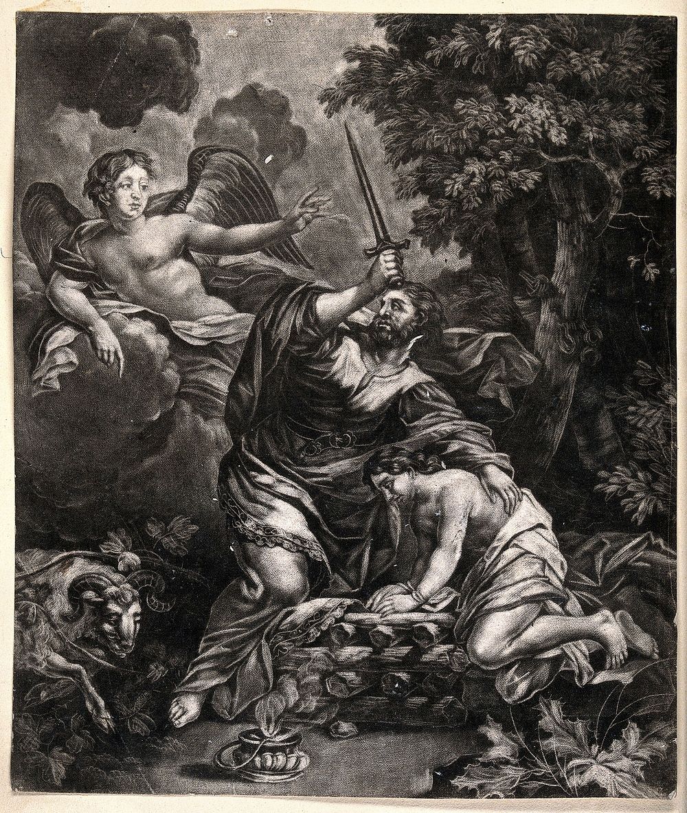 An angel intervenes as Abraham prepares to sacrifice Isaac. Mezzotint.