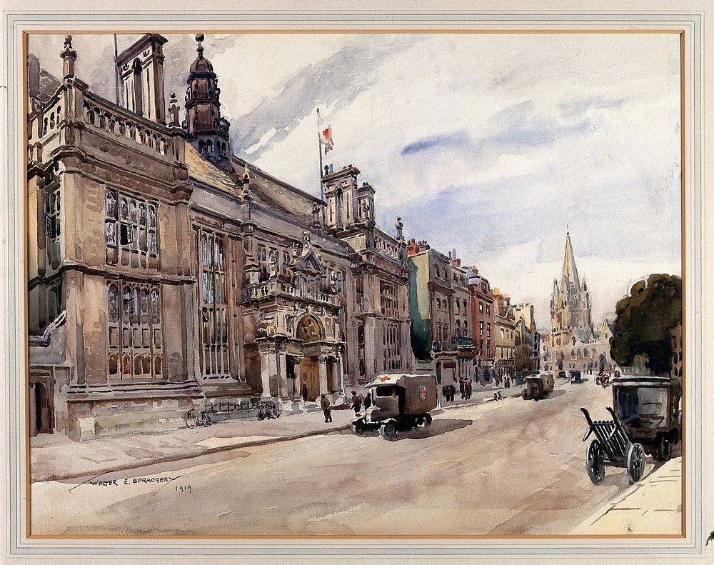 World War I: the Examination Schools, Oxford, while occupied by the Third Southern General Hospital, exterior. Watercolour…